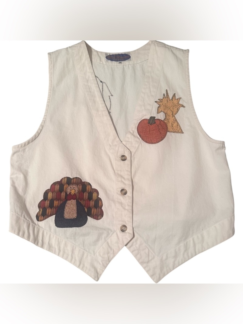 Vintage 1990's Cotton Cream Fall Themed Appliquéd Pumpkin Button Front Vest